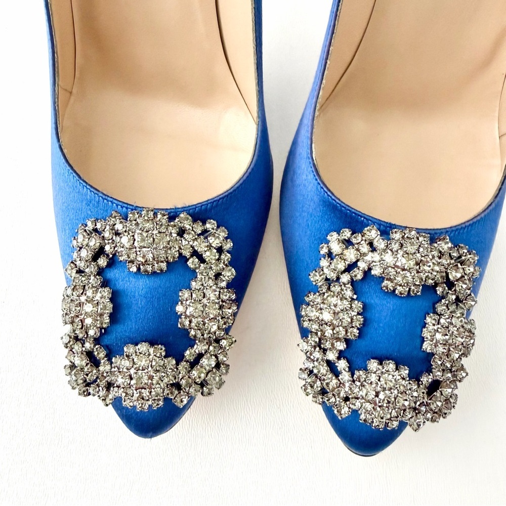MANOLO BLAHNIK | Hangisi 105 Blue Satin Crystal Jewel Buckle Pumps EU 37 - Picture 7 of 14
